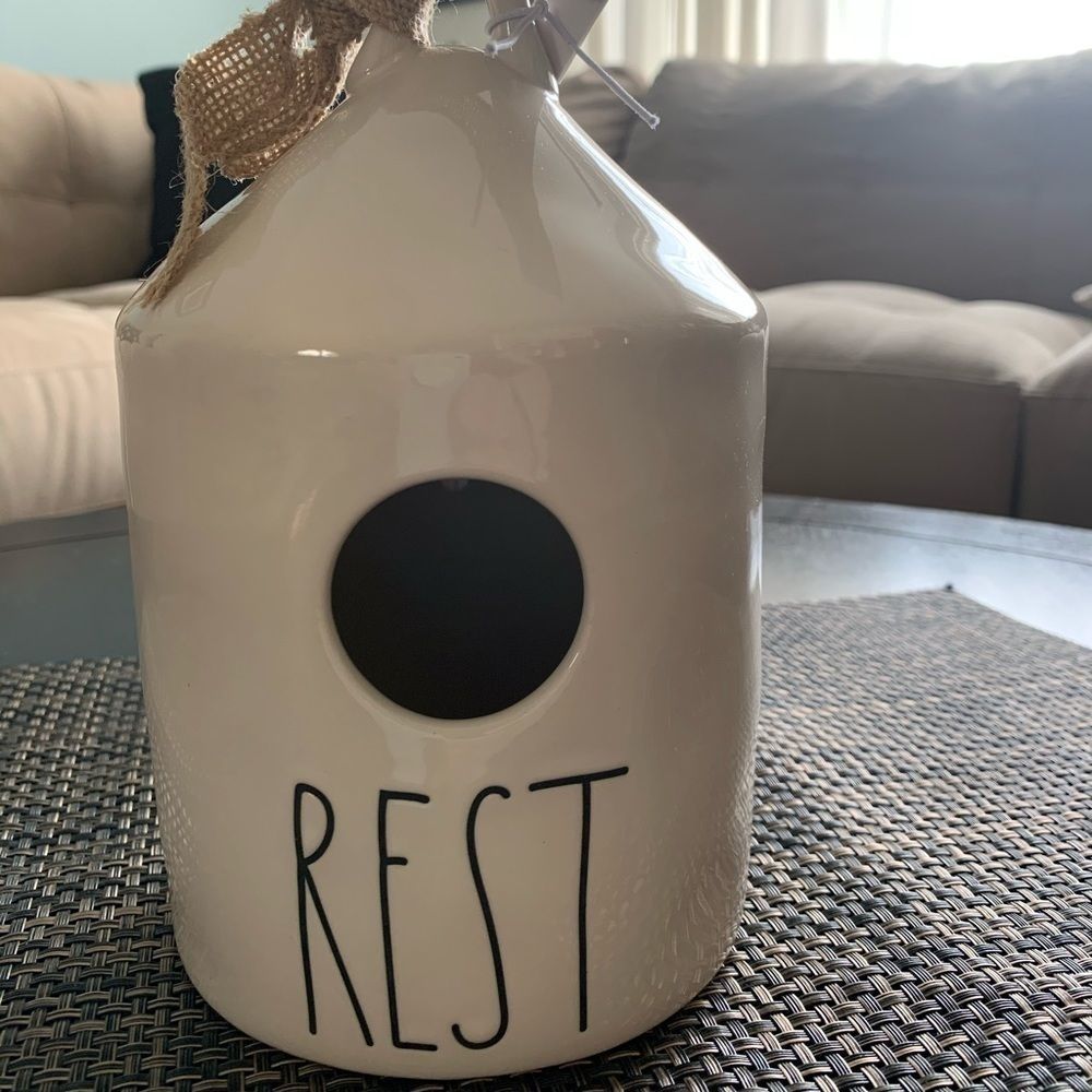 Rae Dunn REST Round Birdhouse with burlap tie